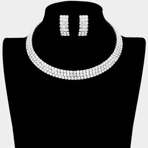 Silver Crystal Rhinestone Choker Necklace Cuff 3 Row Open Statement Jewelry Set